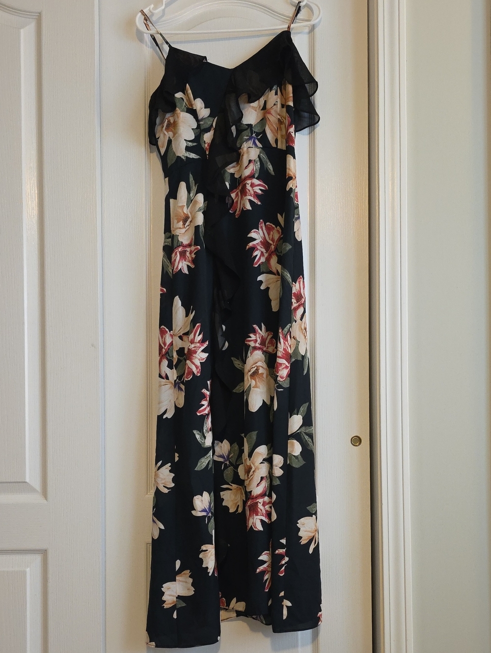 Very J Black Floral Ruffle Maxi Dress with Cream & Pink Blooms